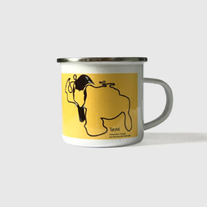 Taza de Peltre. <br/>Turpial fondo amarillo