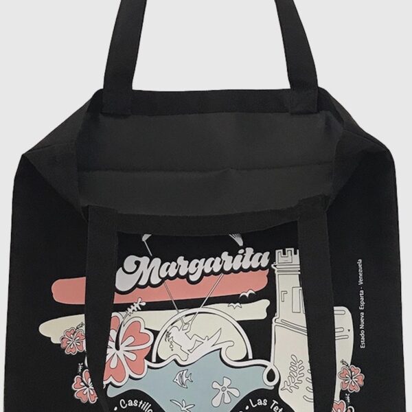 Tote Bag Loneta Impermeable Negra <br> Margarita Colores Pasteles - Imagen 2