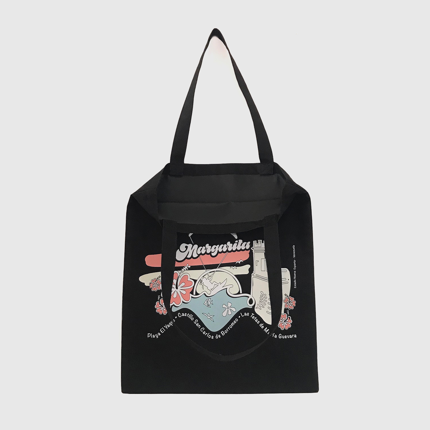 Tote Bag Loneta Impermeable Negra <br> Margarita Colores Pasteles - Imagen 2