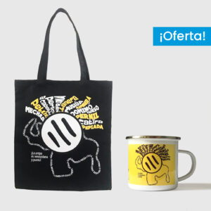 Combo Arepa Xtrema  <br> Tote Bag Loneta Negra + <br> Taza de peltre fondo amarillo