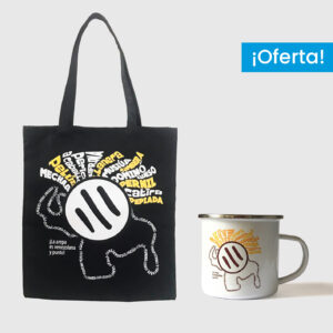 Combo Arepa Xtrema  <br> Tote Bag Loneta Negra + <br> Taza de peltre fondo blanco