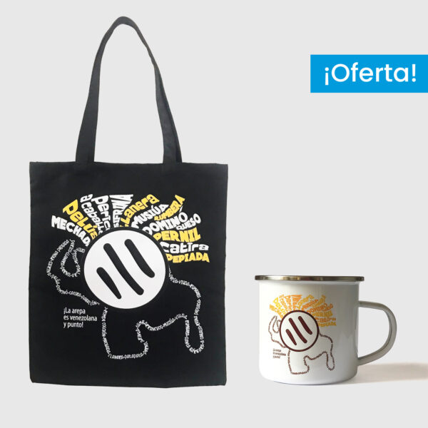 Combo Arepa Xtrema  <br> Tote Bag Loneta Negra + <br> Taza de peltre fondo blanco