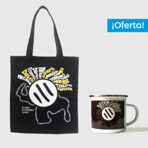 Combo Arepa Xtrema  <br> Tote Bag Loneta Negra + <br> Taza de peltre fondo marrón