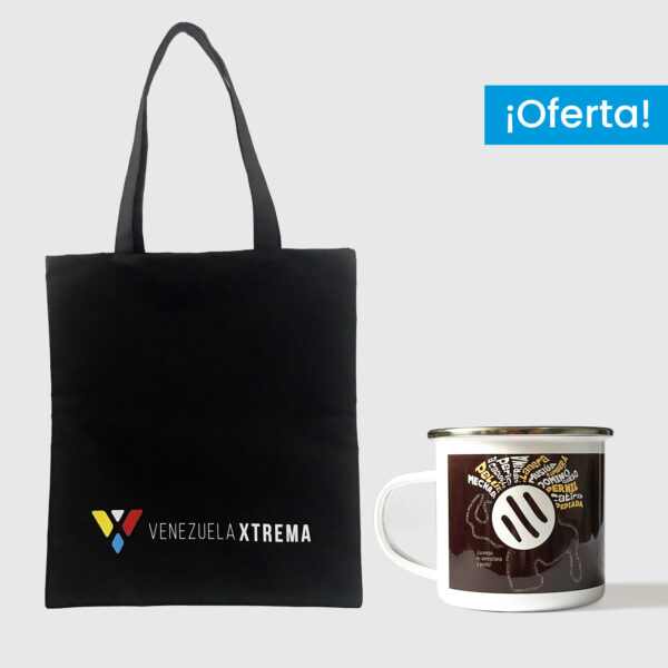 Combo Arepa Xtrema  <br> Tote Bag Loneta Negra + <br> Taza de peltre fondo marrón - Imagen 3
