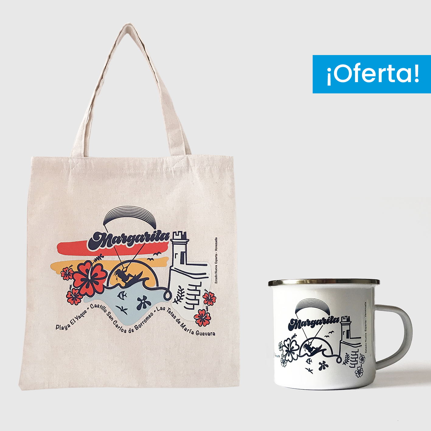 Combo Margarita  <br> Tote Bag Lienzo Algodonado full color + <br> Taza de peltre un color