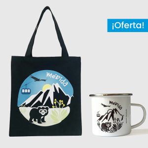 Combo Mérida  <br> Tote Bag Loneta Impermeable Negra Mérida + <br> Taza de peltre Mérida blanco y negro