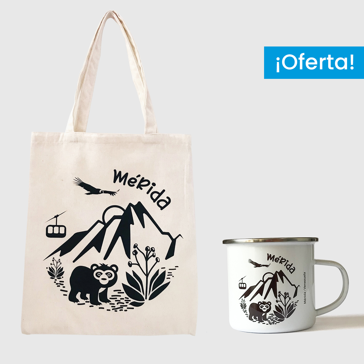 Combo Mérida <br> Tote Bag Lienzo Algodonado Mérida + <br> Taza de peltre blanco y negro