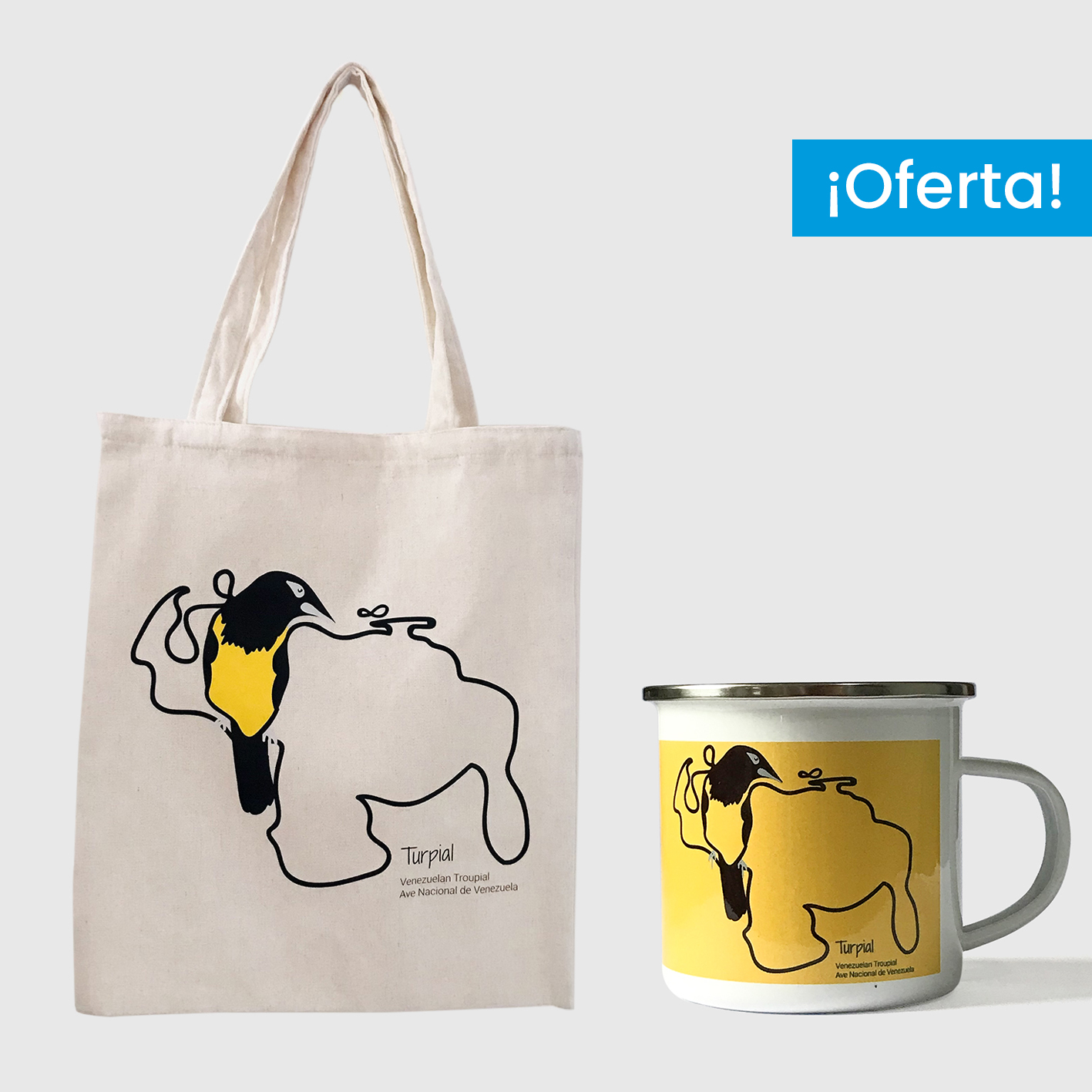 Combo Turpial <br> Tote Bag Lienzo Algodonado Turpial + <br> Taza de peltre fondo amarillo