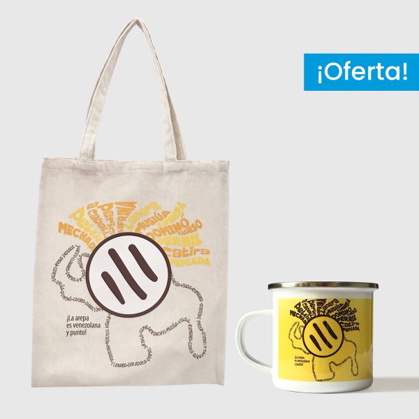 Combo Arepa Xtrema  <br> Tote Bag Lienzo Algodonado Arepa Xtrema + <br> Taza de peltre Arepa Xtrema amarilla