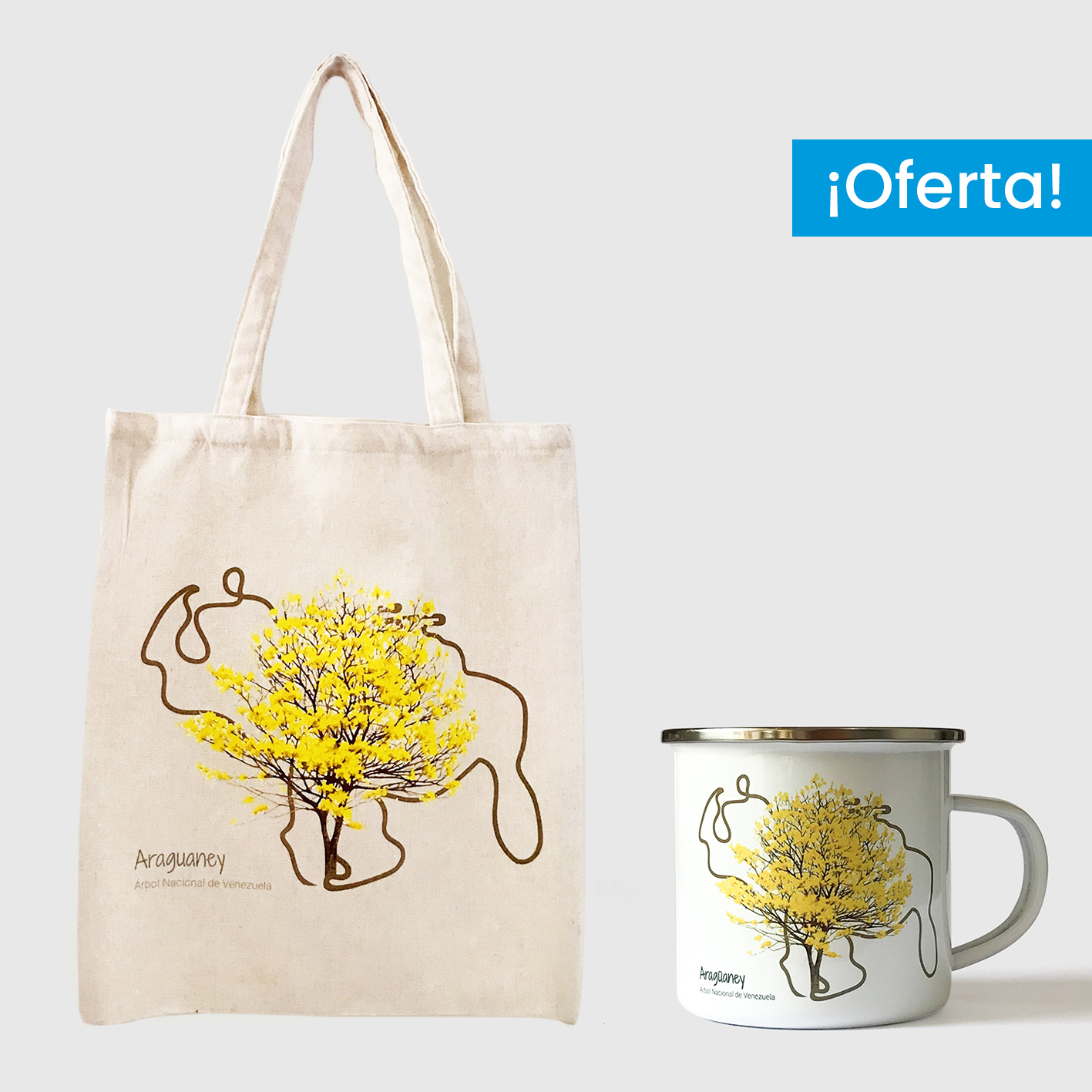 Combo Araguaney <br> Tote Bag Lienzo Algodonado Araguaney + <br> Taza de peltre Araguaney