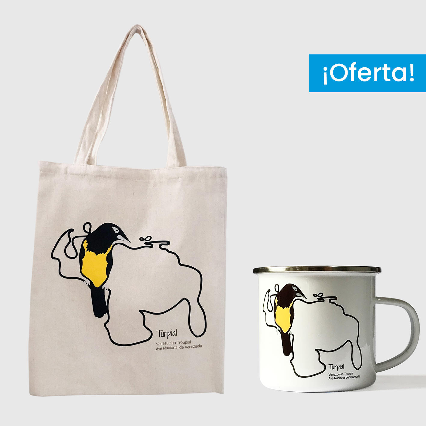Combo Turpial <br> Tote Bag Lienzo Algodonado Turpial + <br> Taza de peltre fondo blanco