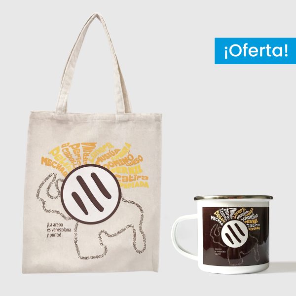 Combo Arepa Xtrema  <br> Tote Bag Lienzo Algodonado Arepa Xtrema + <br> Taza de peltre Arepa Xtrema marrón